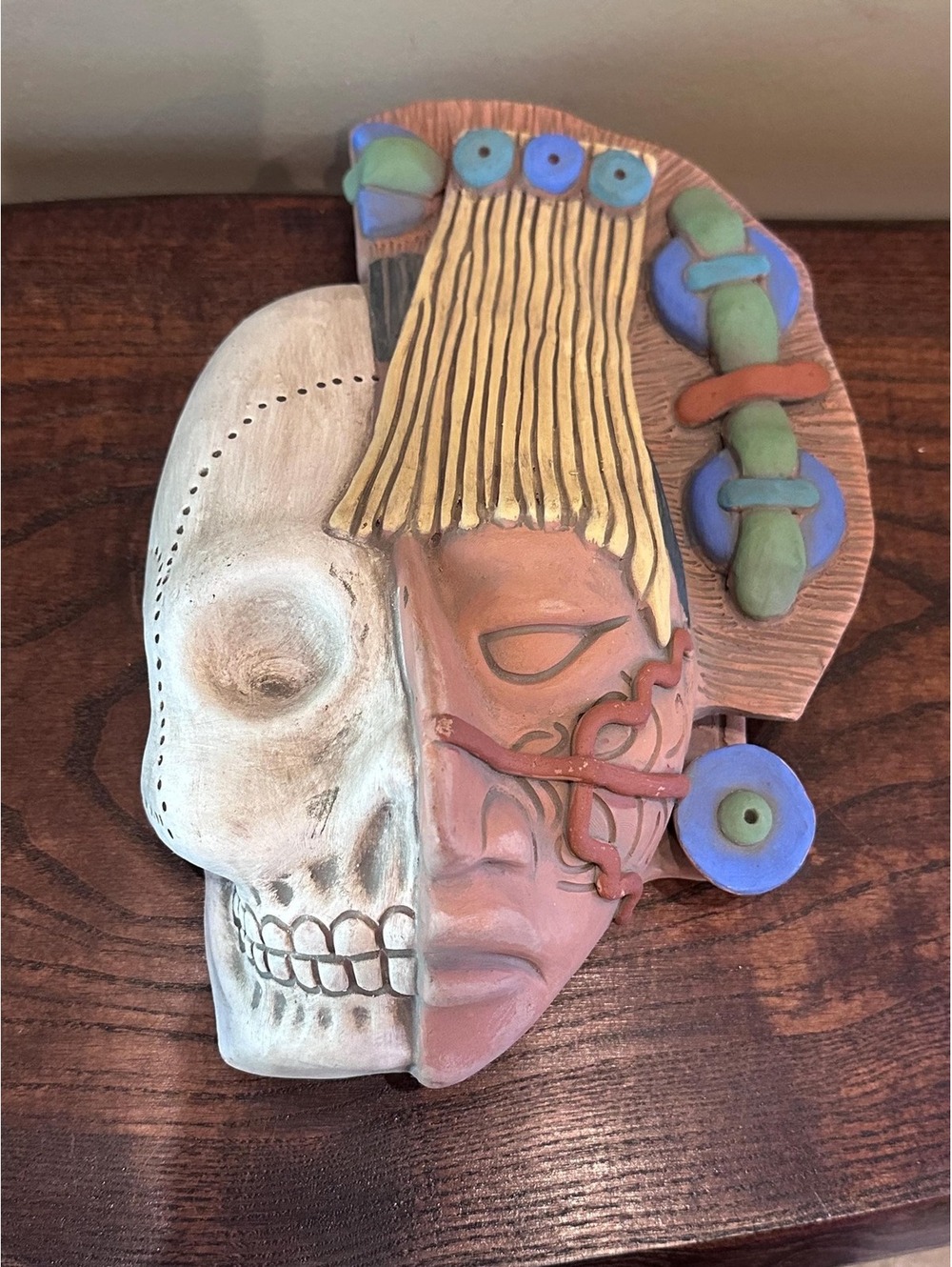 Life and Death Duality Ceramic Aztec-Inspired Mask